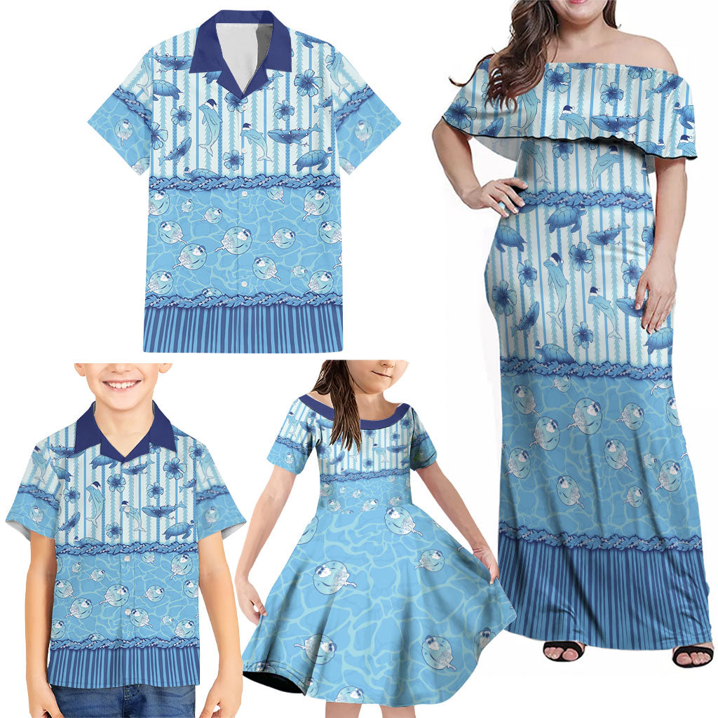 Hawaii Christmas In July Family Matching Off Shoulder Maxi Dress and Hawaiian Shirt Sky Blue Mele Kalikimaka Sea Animals