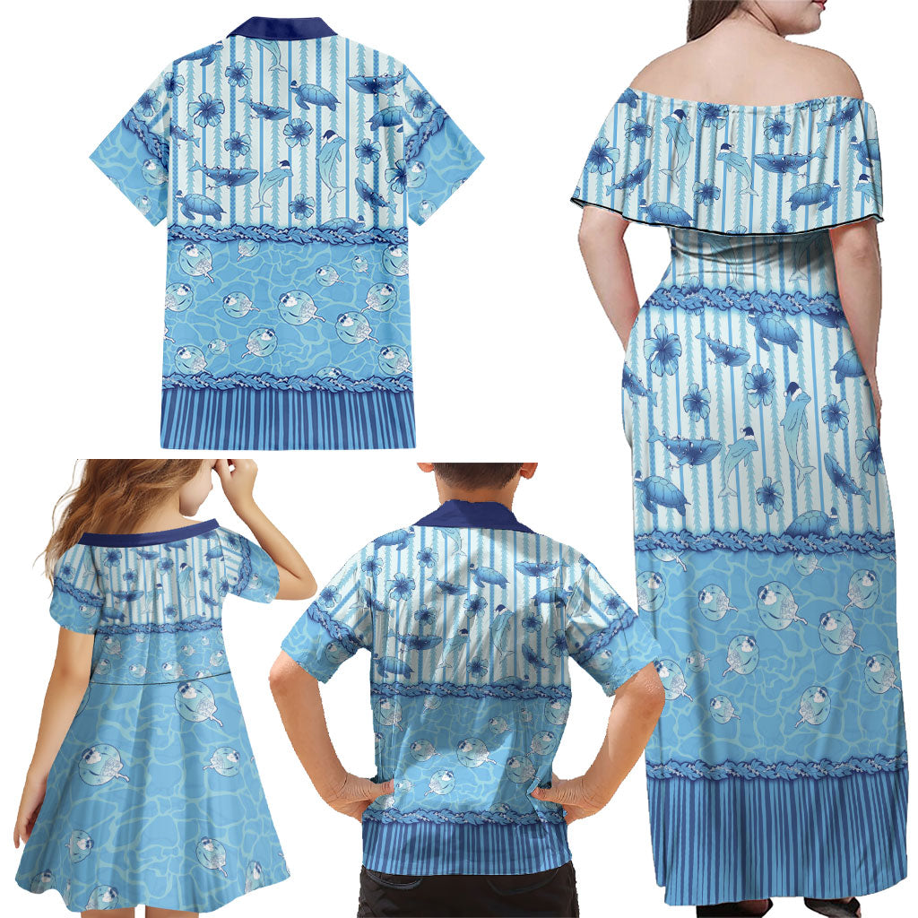 Hawaii Christmas In July Family Matching Off Shoulder Maxi Dress and Hawaiian Shirt Sky Blue Mele Kalikimaka Sea Animals