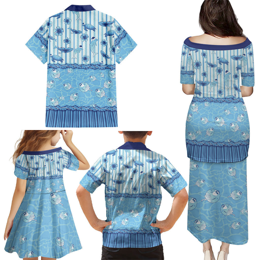 Hawaii Christmas In July Family Matching Puletasi and Hawaiian Shirt Sky Blue Mele Kalikimaka Sea Animals