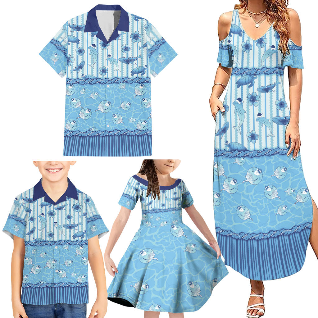 Hawaii Christmas In July Family Matching Summer Maxi Dress and Hawaiian Shirt Sky Blue Mele Kalikimaka Sea Animals
