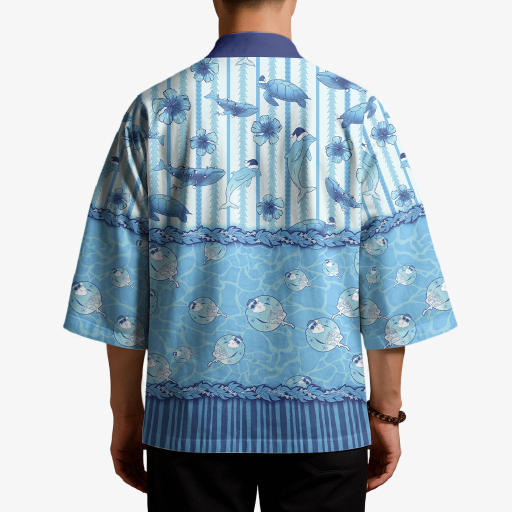 Hawaii Christmas In July Kimono Sky Blue Mele Kalikimaka Sea Animals