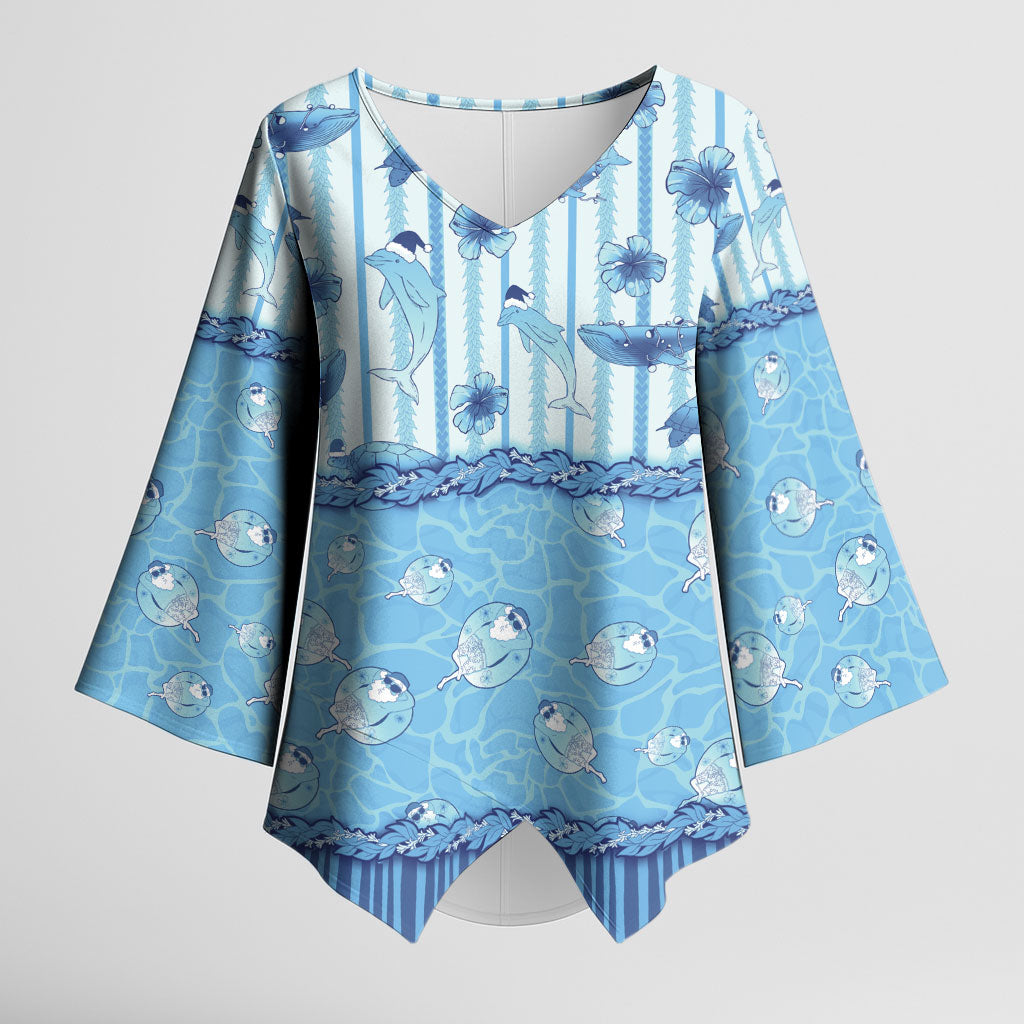 Hawaii Christmas In July Kimono Sleeve Blouse Sky Blue Mele Kalikimaka Sea Animals