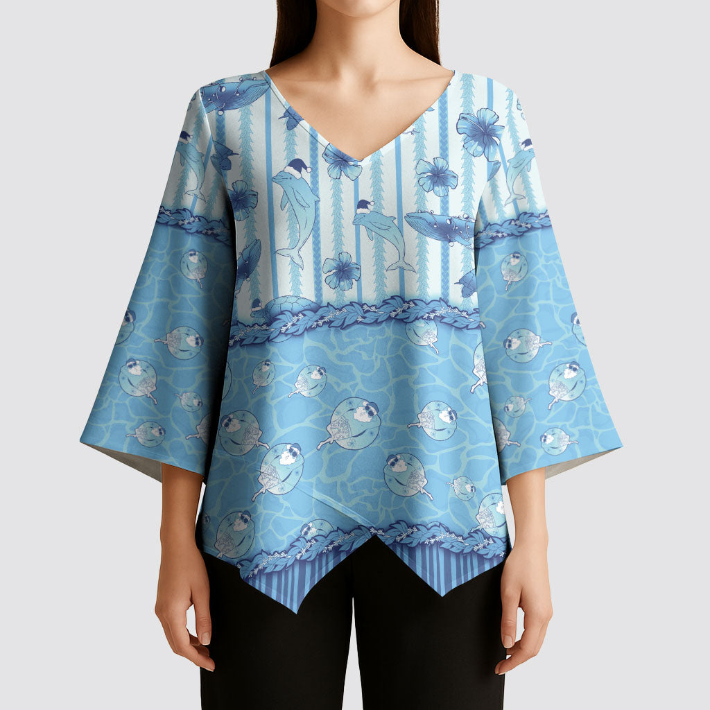 Hawaii Christmas In July Kimono Sleeve Blouse Sky Blue Mele Kalikimaka Sea Animals