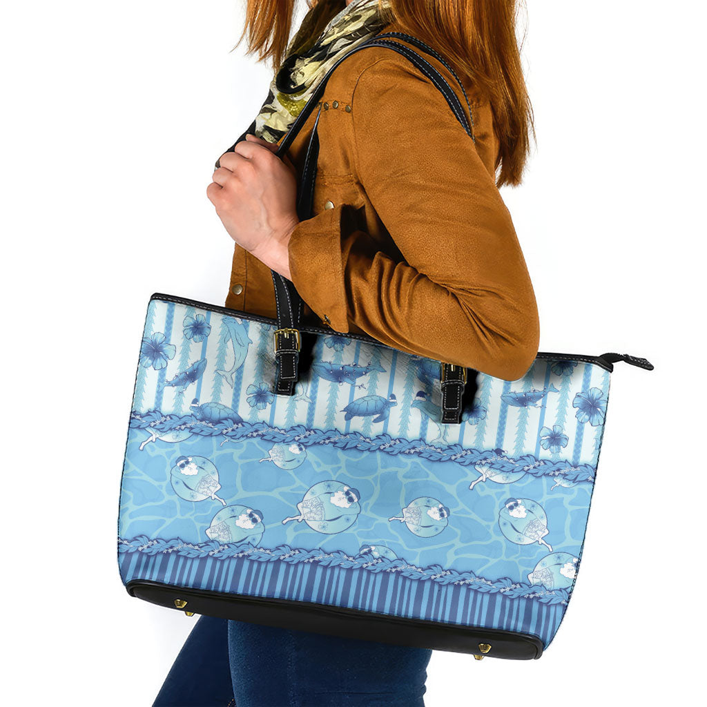 Hawaii Christmas In July Leather Tote Bag Sky Blue Mele Kalikimaka Sea Animals