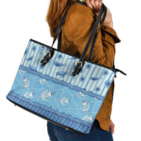 Hawaii Christmas In July Leather Tote Bag Sky Blue Mele Kalikimaka Sea Animals