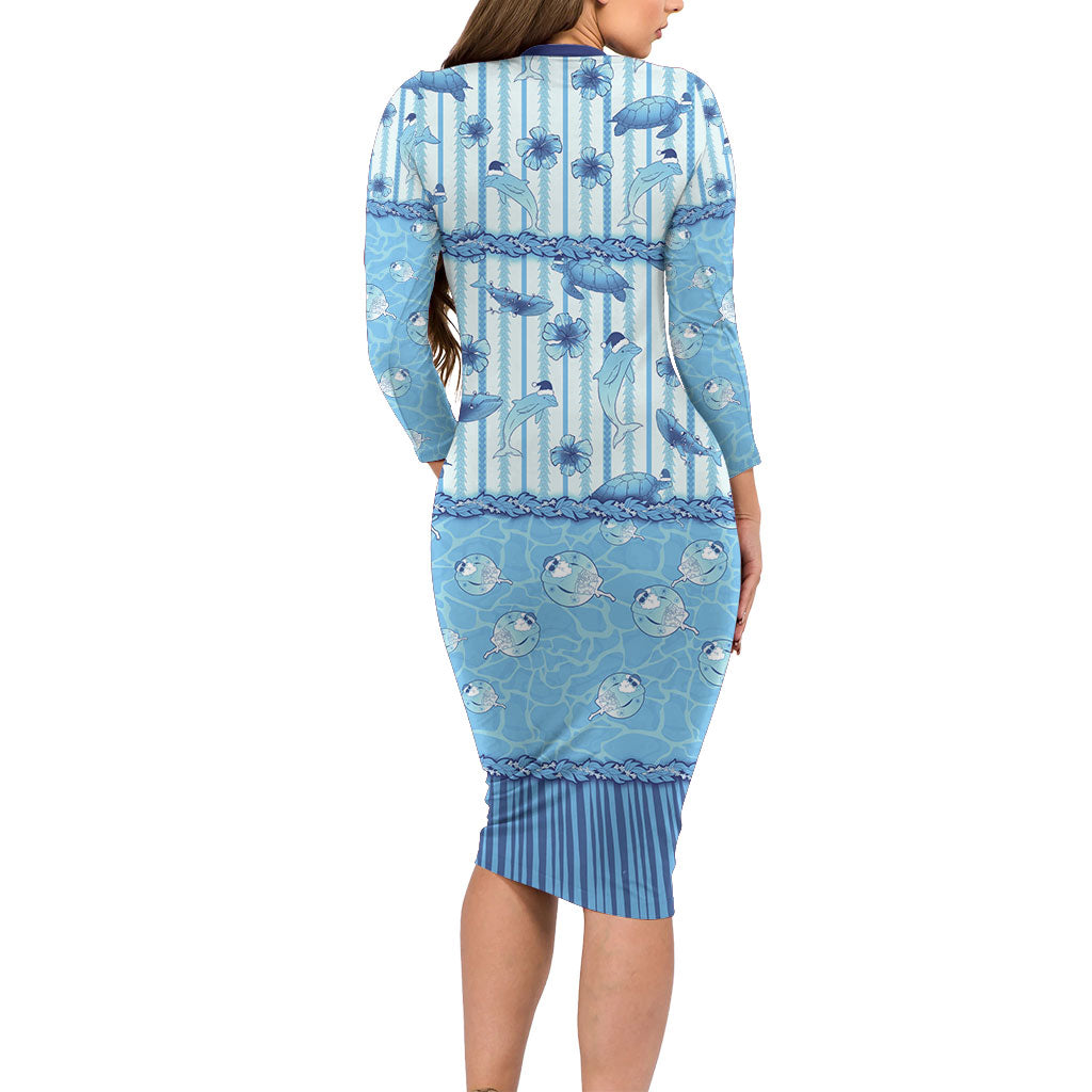 Hawaii Christmas In July Long Sleeve Bodycon Dress Sky Blue Mele Kalikimaka Sea Animals