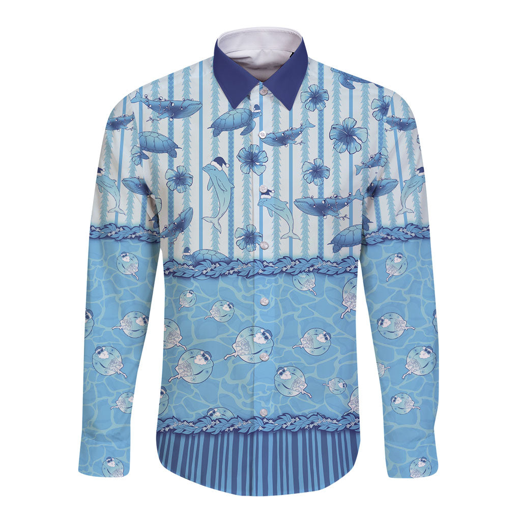 Hawaii Christmas In July Long Sleeve Button Shirt Sky Blue Mele Kalikimaka Sea Animals