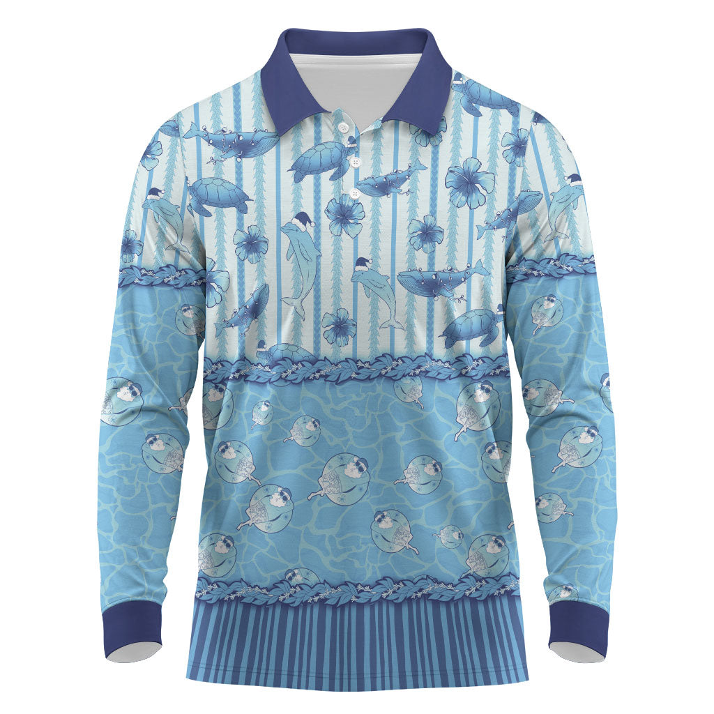 Hawaii Christmas In July Long Sleeve Polo Shirt Sky Blue Mele Kalikimaka Sea Animals