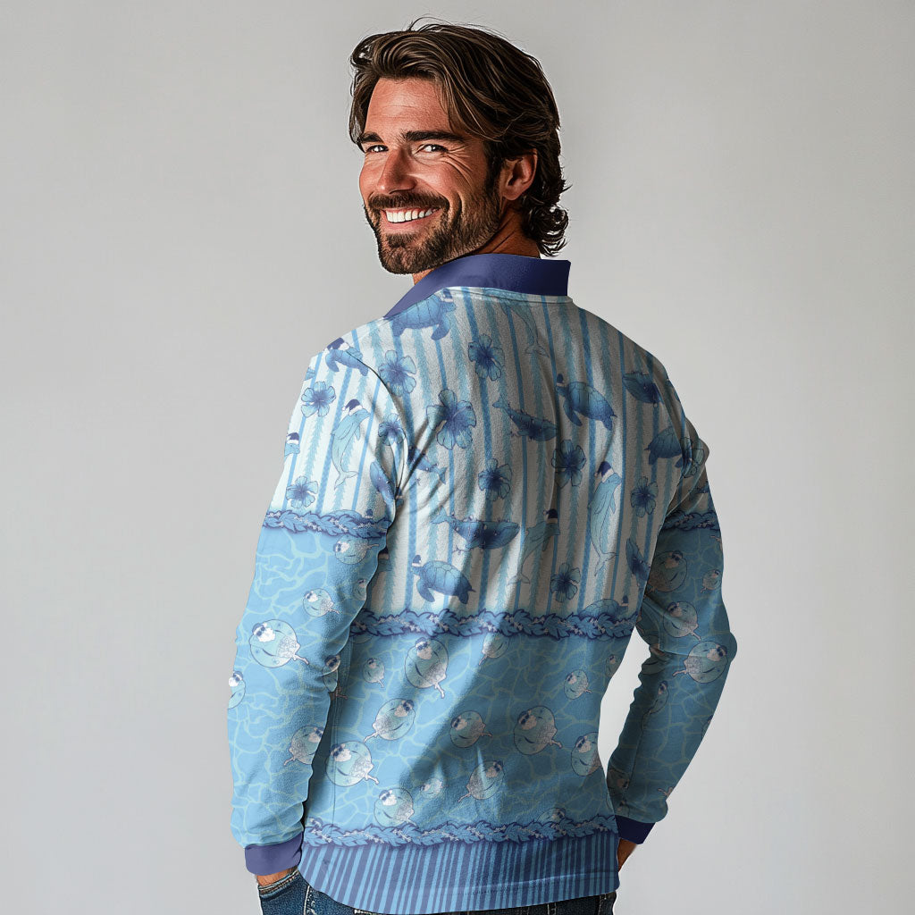 Hawaii Christmas In July Long Sleeve Polo Shirt Sky Blue Mele Kalikimaka Sea Animals