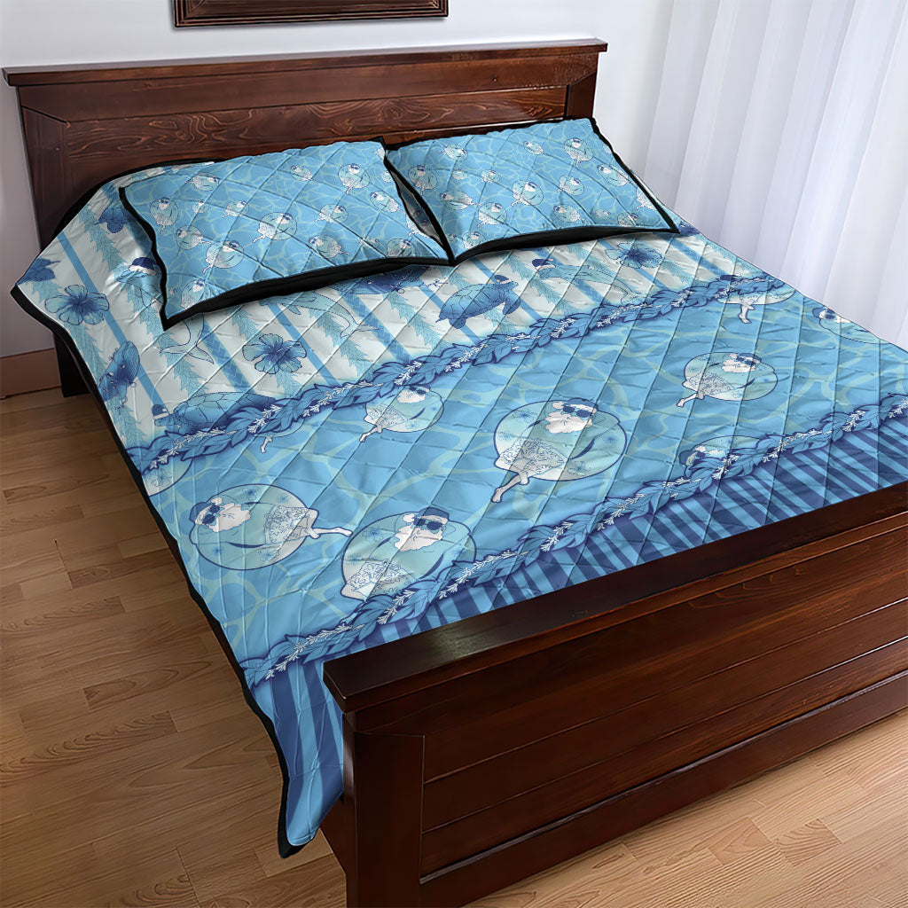 Hawaii Christmas In July Quilt Bed Set Sky Blue Mele Kalikimaka Sea Animals