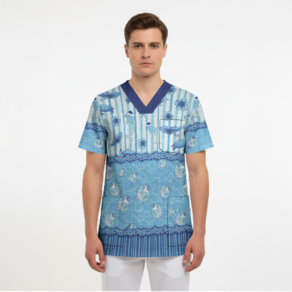 Hawaii Christmas In July Scrub Top Sky Blue Mele Kalikimaka Sea Animals