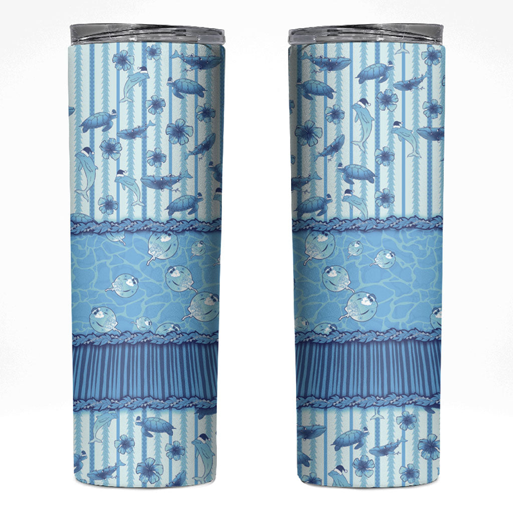 Hawaii Christmas In July Skinny Tumbler Sky Blue Mele Kalikimaka Sea Animals