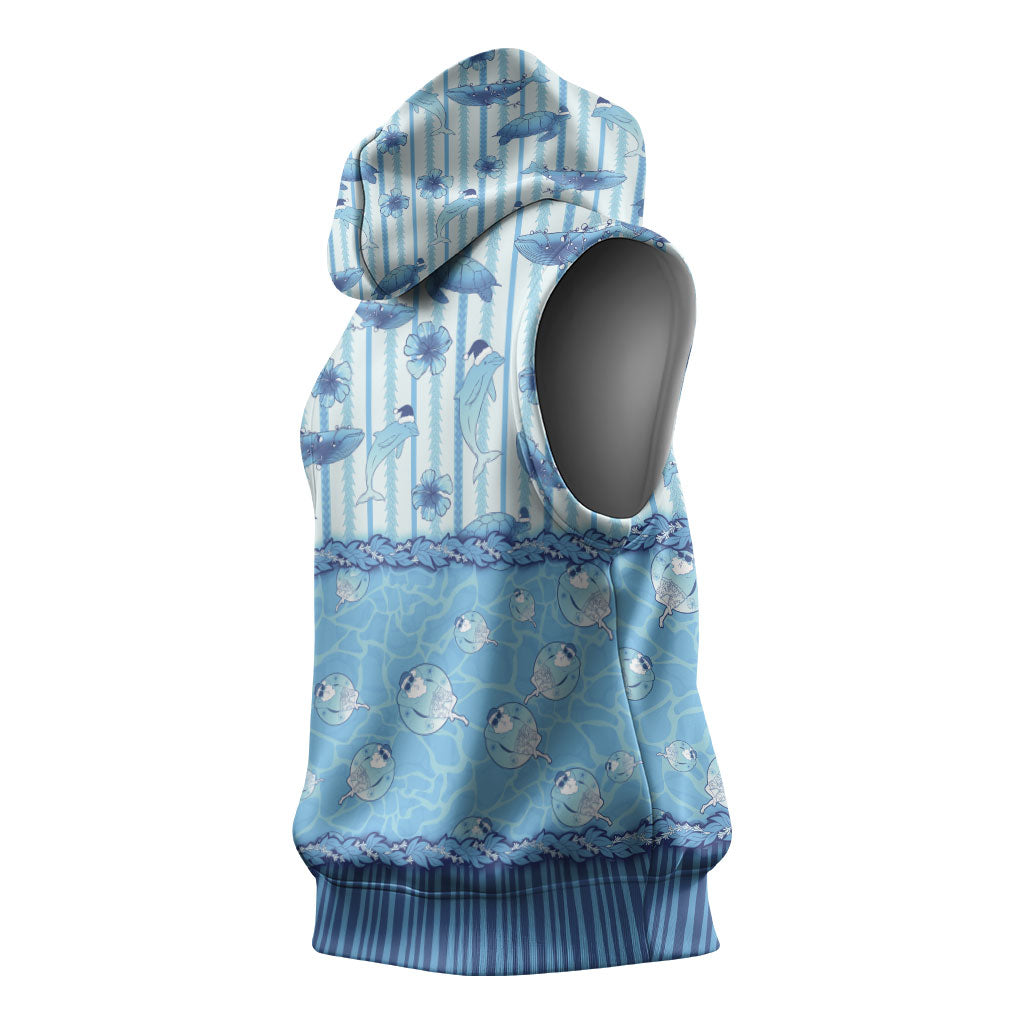 Hawaii Christmas In July Sleeveless Hoodie Sky Blue Mele Kalikimaka Sea Animals