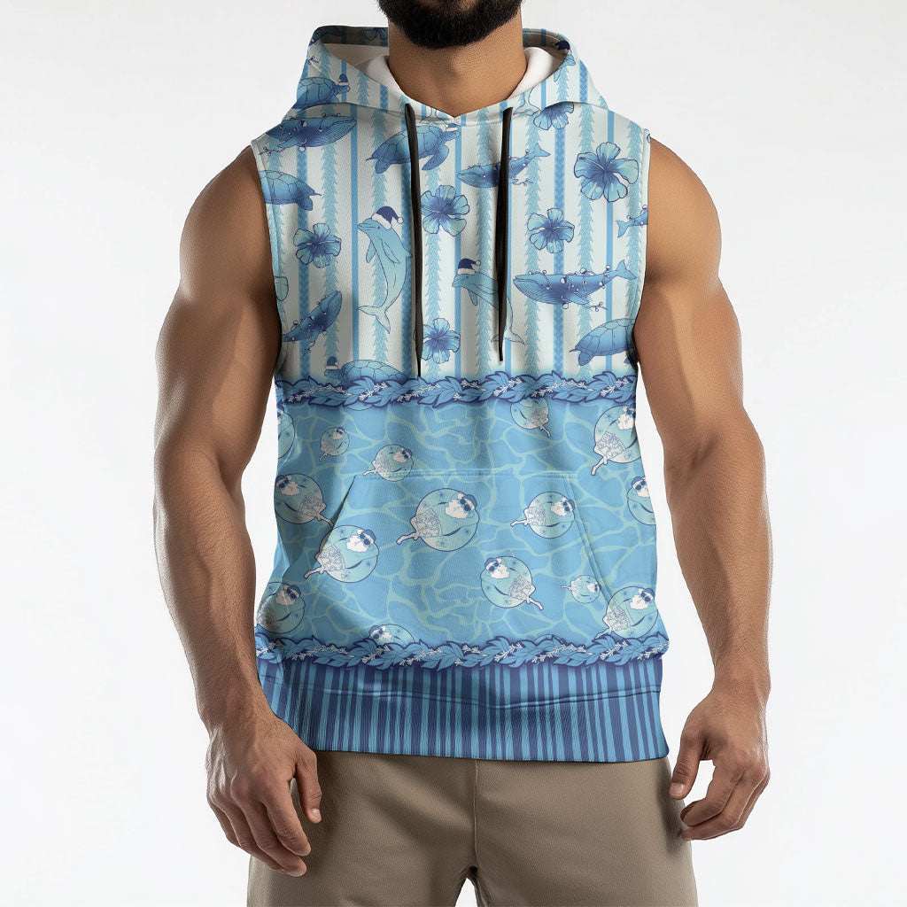 Hawaii Christmas In July Sleeveless Hoodie Sky Blue Mele Kalikimaka Sea Animals