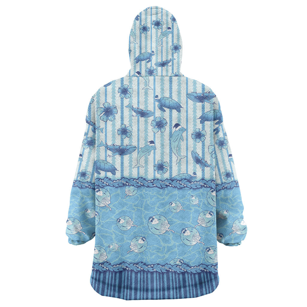 Hawaii Christmas In July Wearable Blanket Hoodie Sky Blue Mele Kalikimaka Sea Animals
