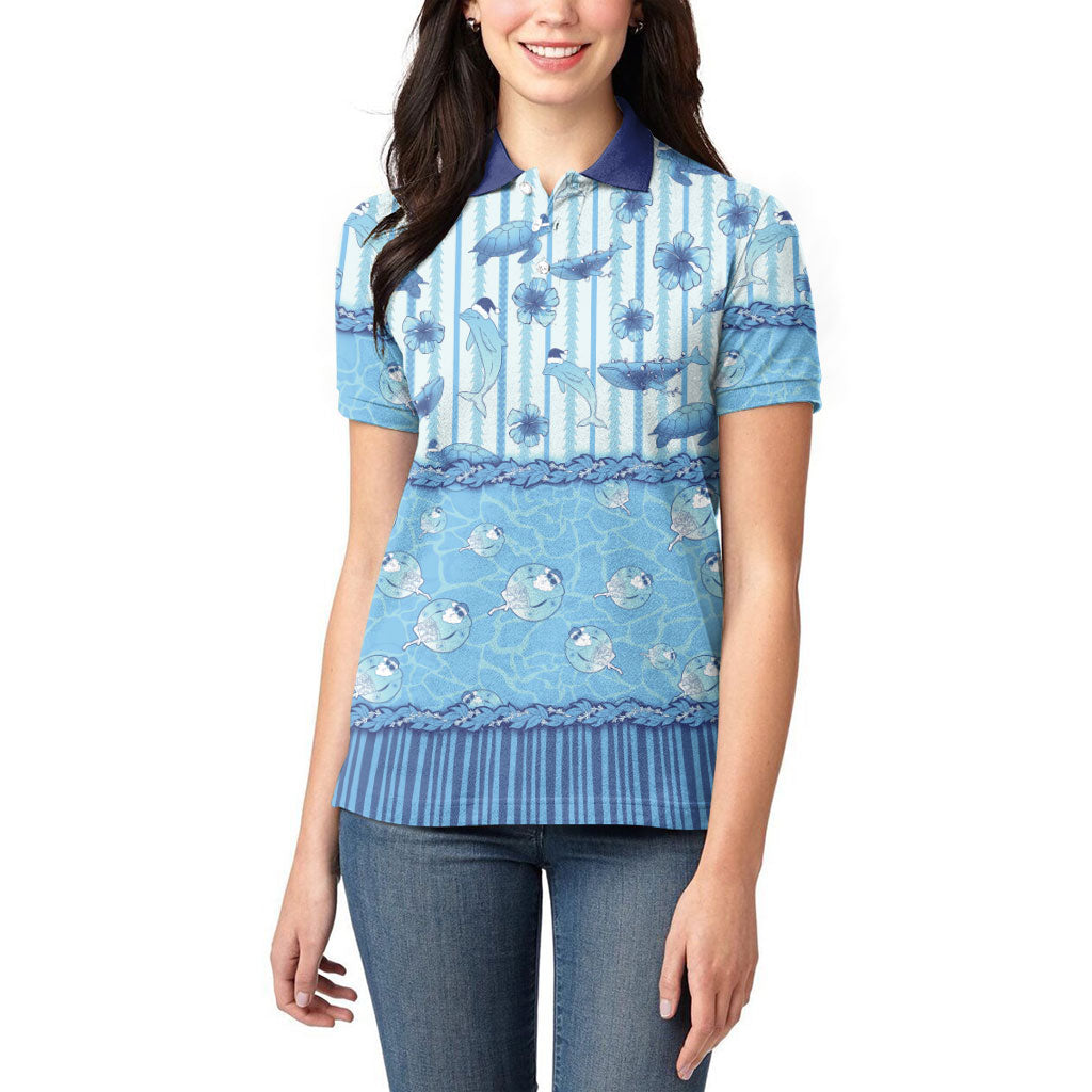 Hawaii Christmas In July Women Polo Shirt Sky Blue Mele Kalikimaka Sea Animals