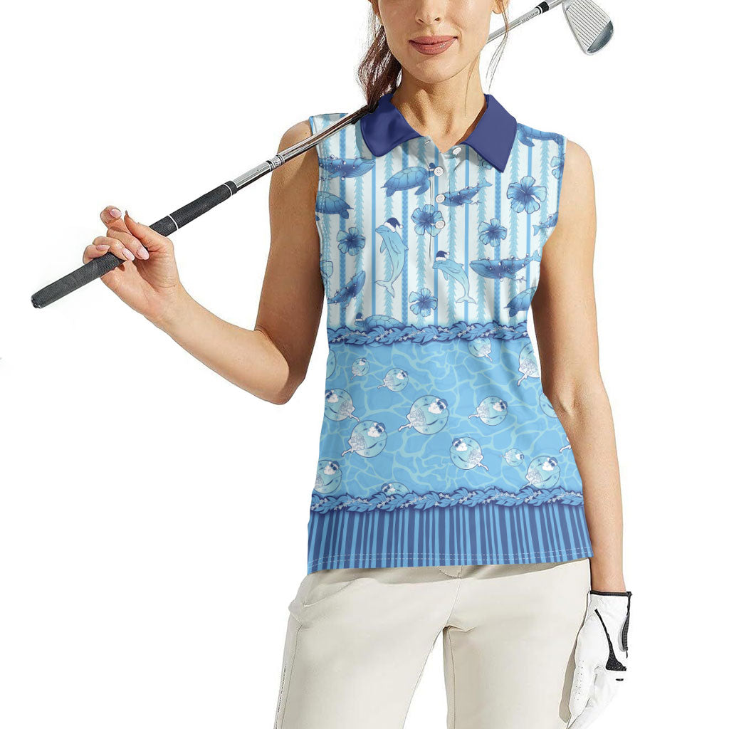Hawaii Christmas In July Women Sleeveless Polo Shirt Sky Blue Mele Kalikimaka Sea Animals