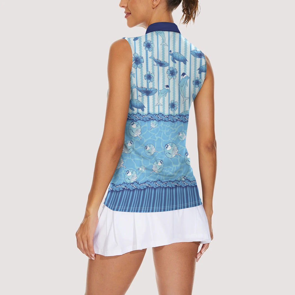 Hawaii Christmas In July Women Sleeveless Polo Shirt Sky Blue Mele Kalikimaka Sea Animals