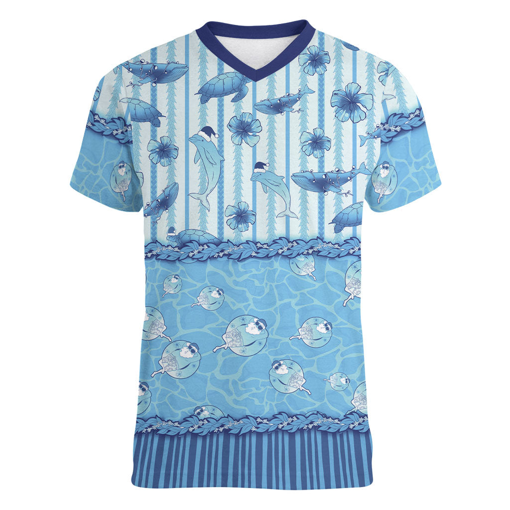 Hawaii Christmas In July Women V-Neck T-Shirt Sky Blue Mele Kalikimaka Sea Animals