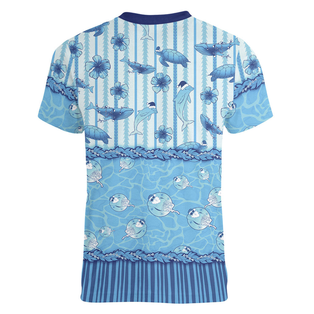Hawaii Christmas In July Women V-Neck T-Shirt Sky Blue Mele Kalikimaka Sea Animals