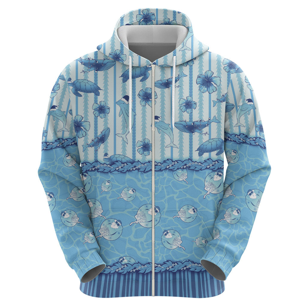 Hawaii Christmas In July Zip Hoodie Sky Blue Mele Kalikimaka Sea Animals