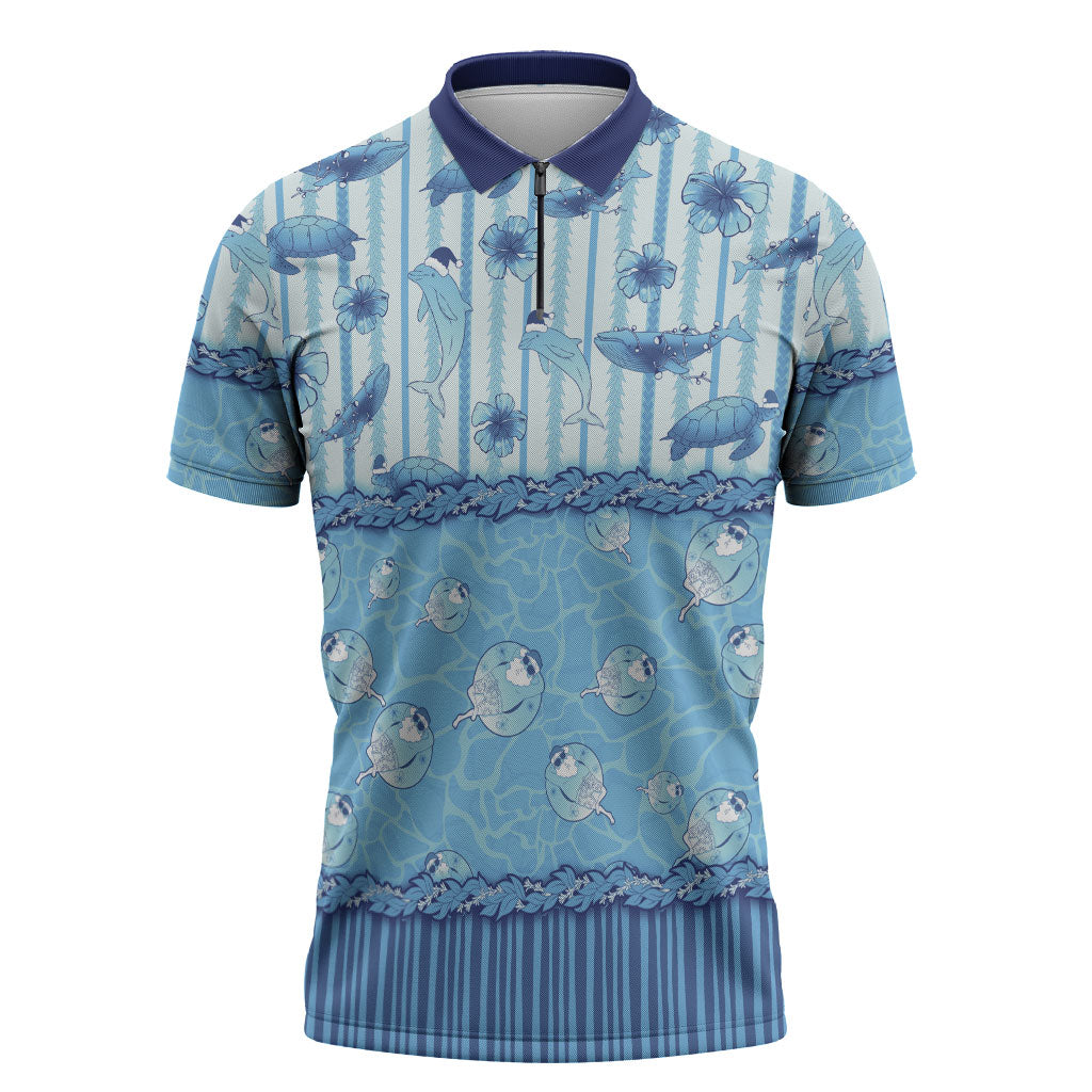 Hawaii Christmas In July Zipper Polo Shirt Sky Blue Mele Kalikimaka Sea Animals