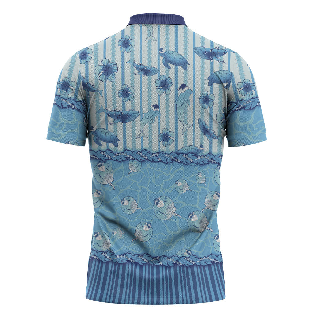 Hawaii Christmas In July Zipper Polo Shirt Sky Blue Mele Kalikimaka Sea Animals