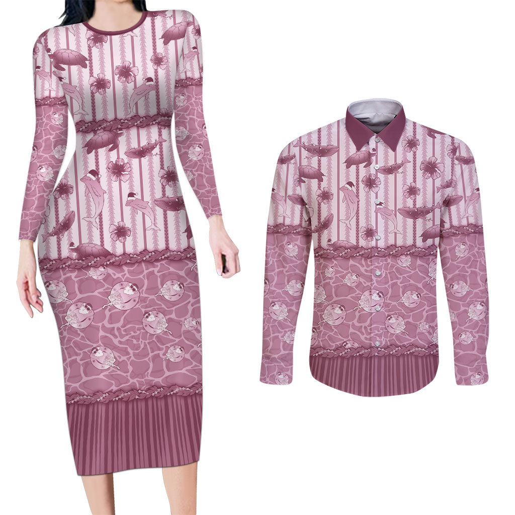 Hawaii Christmas In July Couples Matching Long Sleeve Bodycon Dress and Long Sleeve Button Shirt Dusty Pink Mele Kalikimaka Sea Animals
