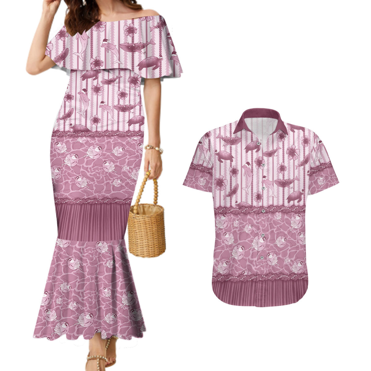 Hawaii Christmas In July Couples Matching Mermaid Dress and Hawaiian Shirt Dusty Pink Mele Kalikimaka Sea Animals