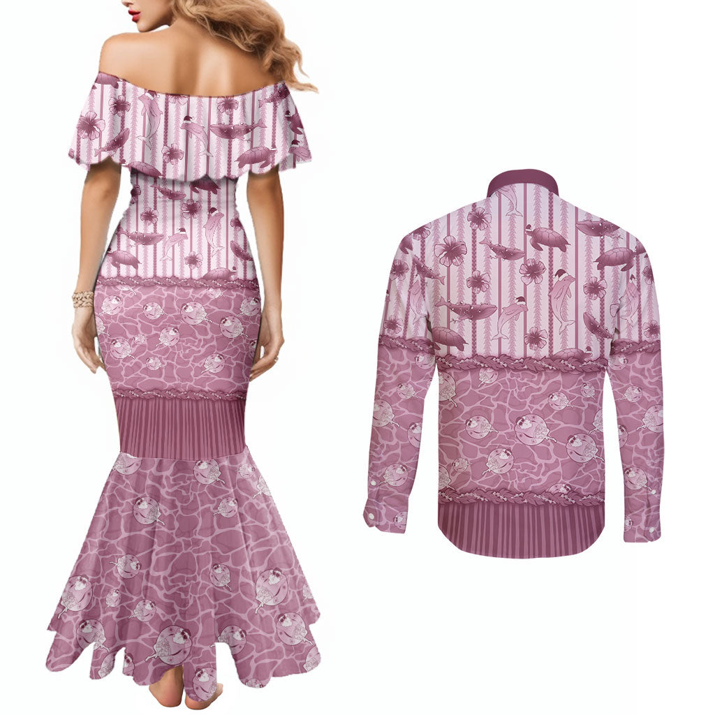 Hawaii Christmas In July Couples Matching Mermaid Dress and Long Sleeve Button Shirt Dusty Pink Mele Kalikimaka Sea Animals