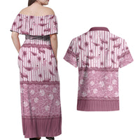 Hawaii Christmas In July Couples Matching Off Shoulder Maxi Dress and Hawaiian Shirt Dusty Pink Mele Kalikimaka Sea Animals
