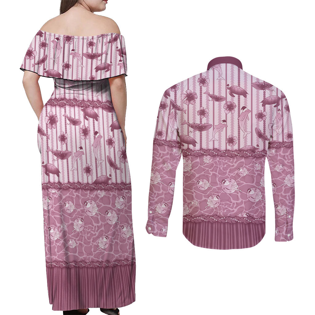 Hawaii Christmas In July Couples Matching Off Shoulder Maxi Dress and Long Sleeve Button Shirt Dusty Pink Mele Kalikimaka Sea Animals