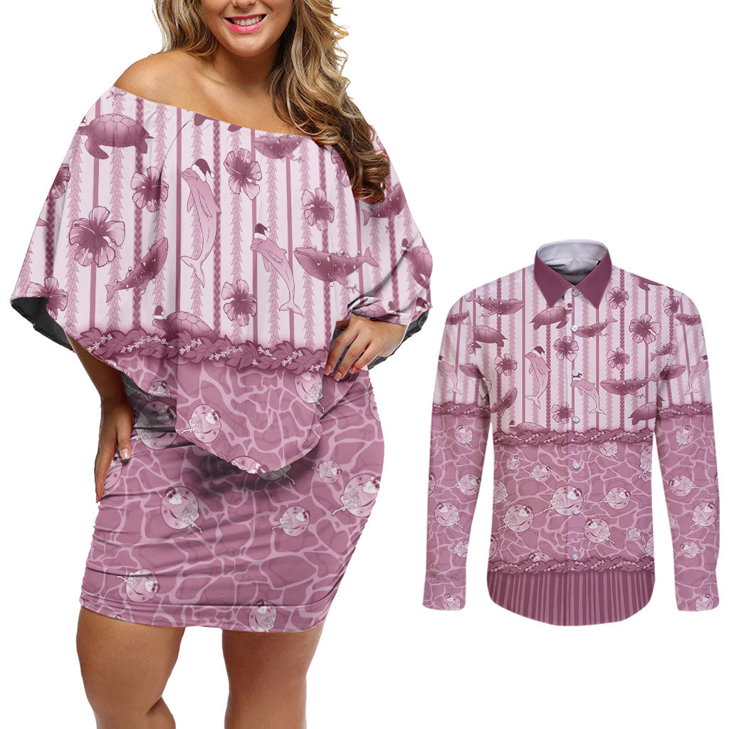 Hawaii Christmas In July Couples Matching Off Shoulder Short Dress and Long Sleeve Button Shirt Dusty Pink Mele Kalikimaka Sea Animals