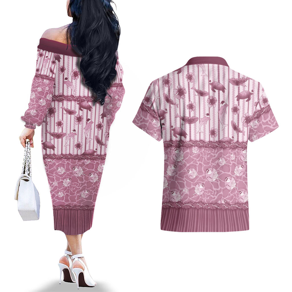 Hawaii Christmas In July Couples Matching Off The Shoulder Long Sleeve Dress and Hawaiian Shirt Dusty Pink Mele Kalikimaka Sea Animals