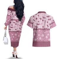 Hawaii Christmas In July Couples Matching Off The Shoulder Long Sleeve Dress and Hawaiian Shirt Dusty Pink Mele Kalikimaka Sea Animals