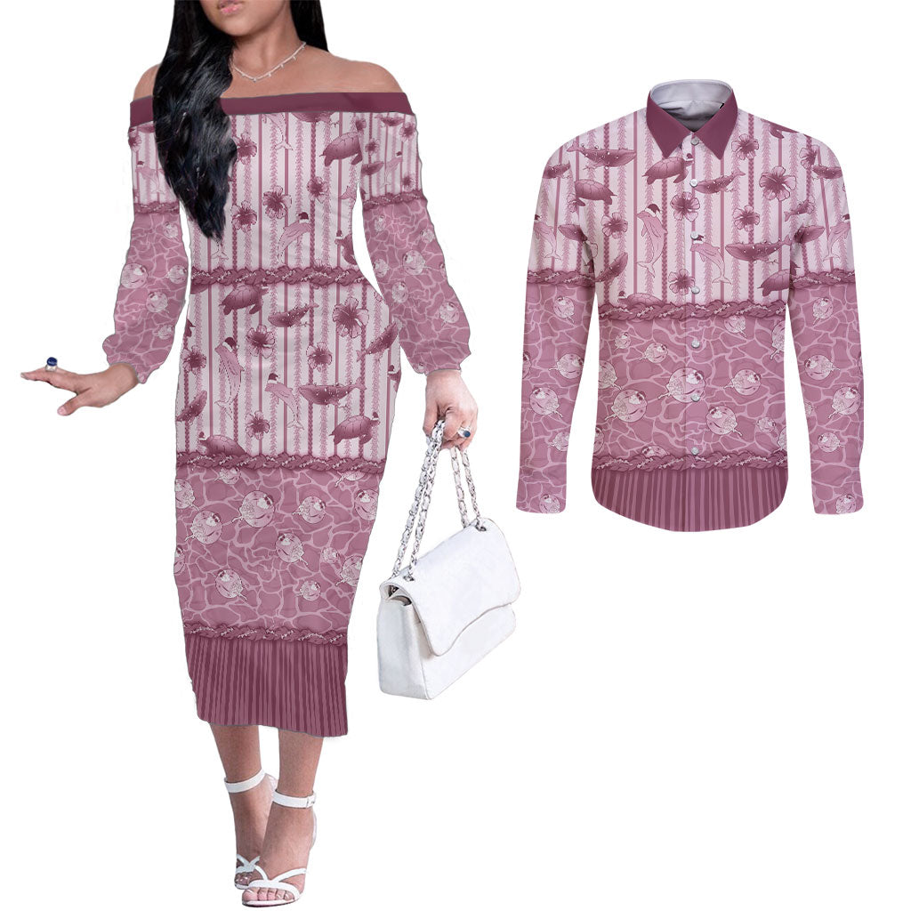 Hawaii Christmas In July Couples Matching Off The Shoulder Long Sleeve Dress and Long Sleeve Button Shirt Dusty Pink Mele Kalikimaka Sea Animals