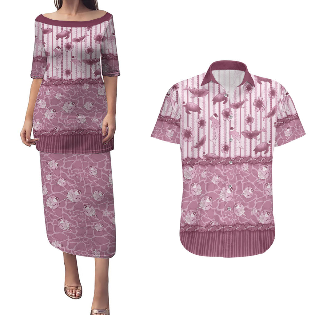 Hawaii Christmas In July Couples Matching Puletasi and Hawaiian Shirt Dusty Pink Mele Kalikimaka Sea Animals