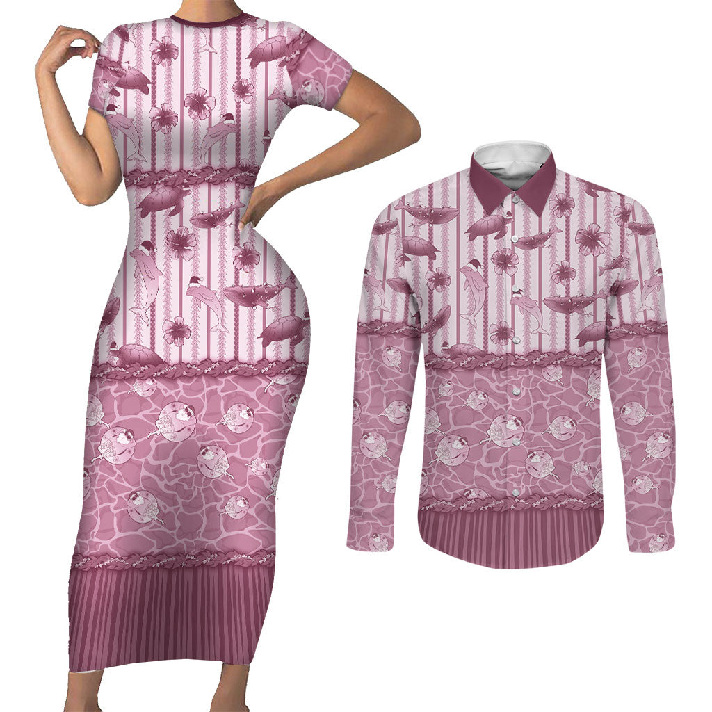Hawaii Christmas In July Couples Matching Short Sleeve Bodycon Dress and Long Sleeve Button Shirt Dusty Pink Mele Kalikimaka Sea Animals