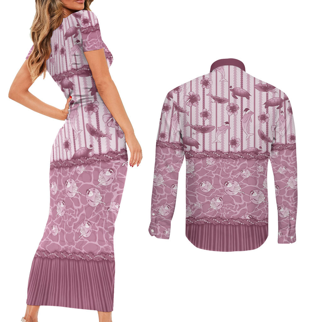 Hawaii Christmas In July Couples Matching Short Sleeve Bodycon Dress and Long Sleeve Button Shirt Dusty Pink Mele Kalikimaka Sea Animals