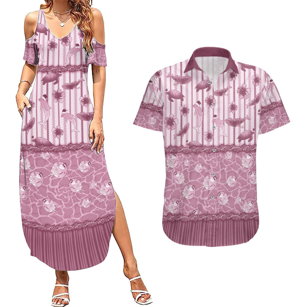 Hawaii Christmas In July Couples Matching Summer Maxi Dress and Hawaiian Shirt Dusty Pink Mele Kalikimaka Sea Animals