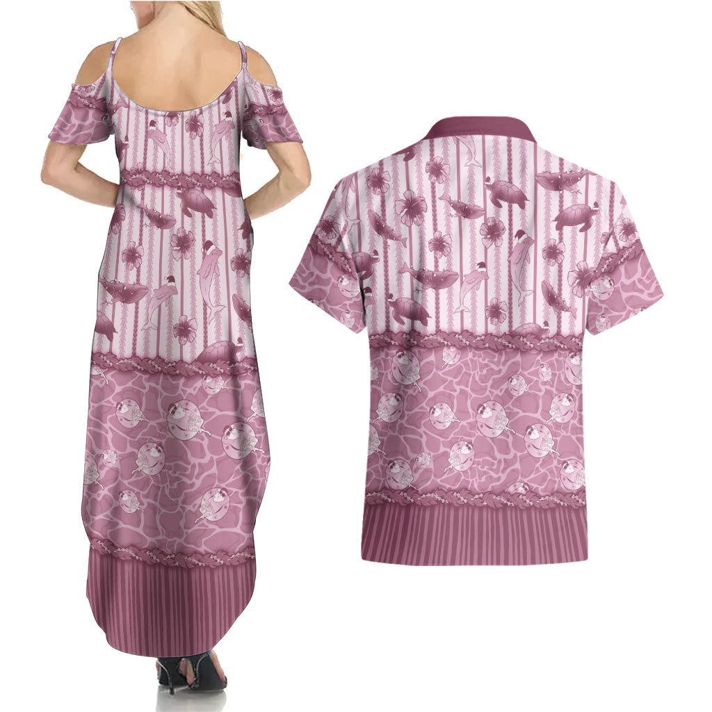 Hawaii Christmas In July Couples Matching Summer Maxi Dress and Hawaiian Shirt Dusty Pink Mele Kalikimaka Sea Animals