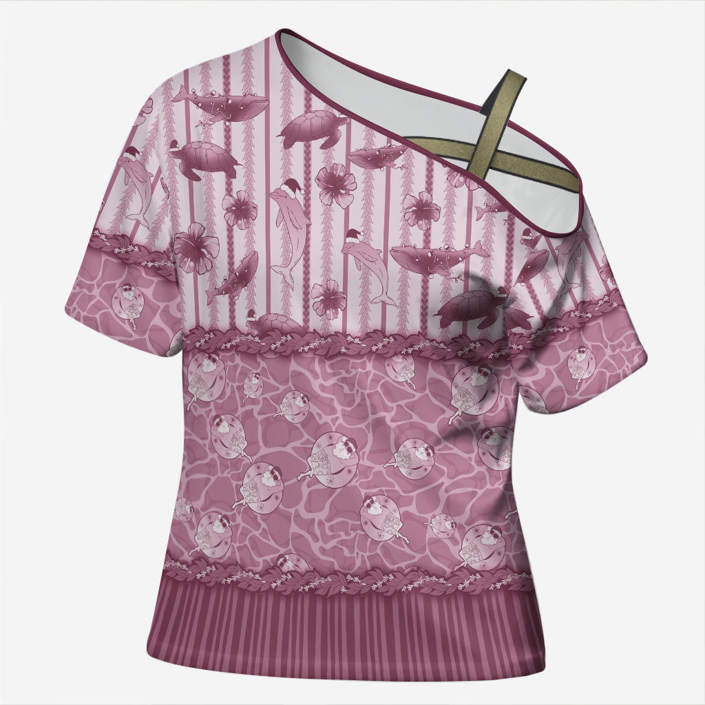 Hawaii Christmas In July Cross Shoulder Shirt Dusty Pink Mele Kalikimaka Sea Animals