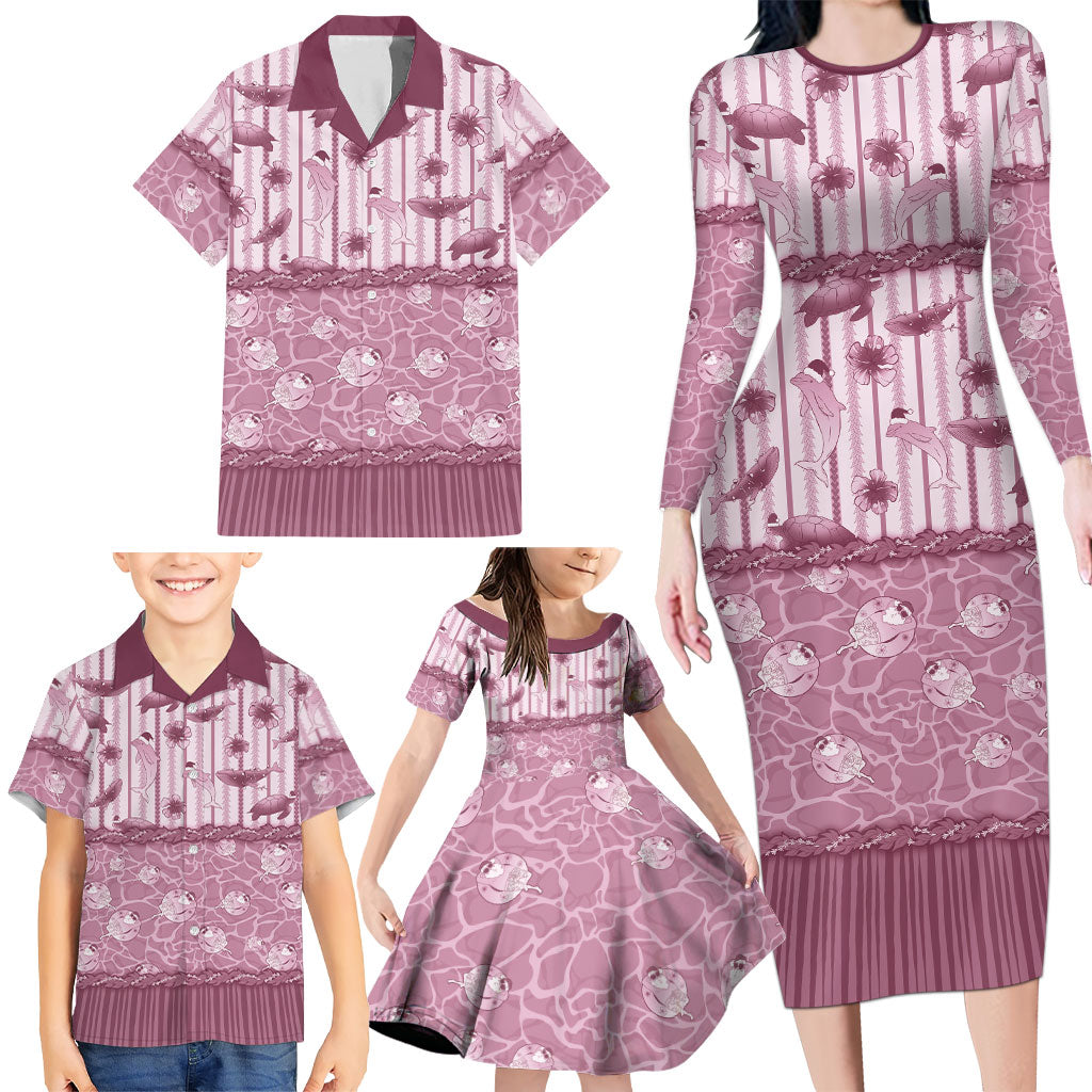 Hawaii Christmas In July Family Matching Long Sleeve Bodycon Dress and Hawaiian Shirt Dusty Pink Mele Kalikimaka Sea Animals