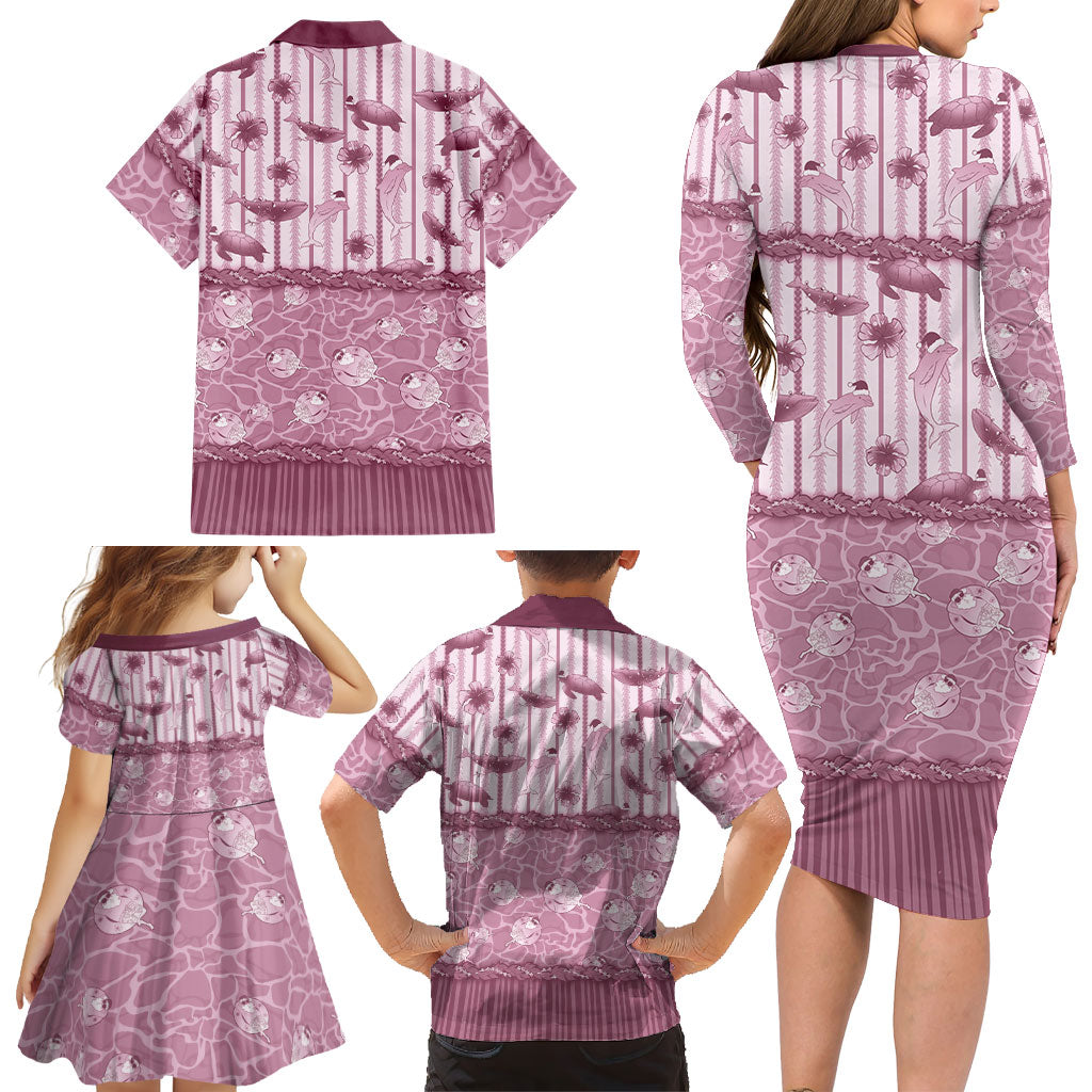 Hawaii Christmas In July Family Matching Long Sleeve Bodycon Dress and Hawaiian Shirt Dusty Pink Mele Kalikimaka Sea Animals