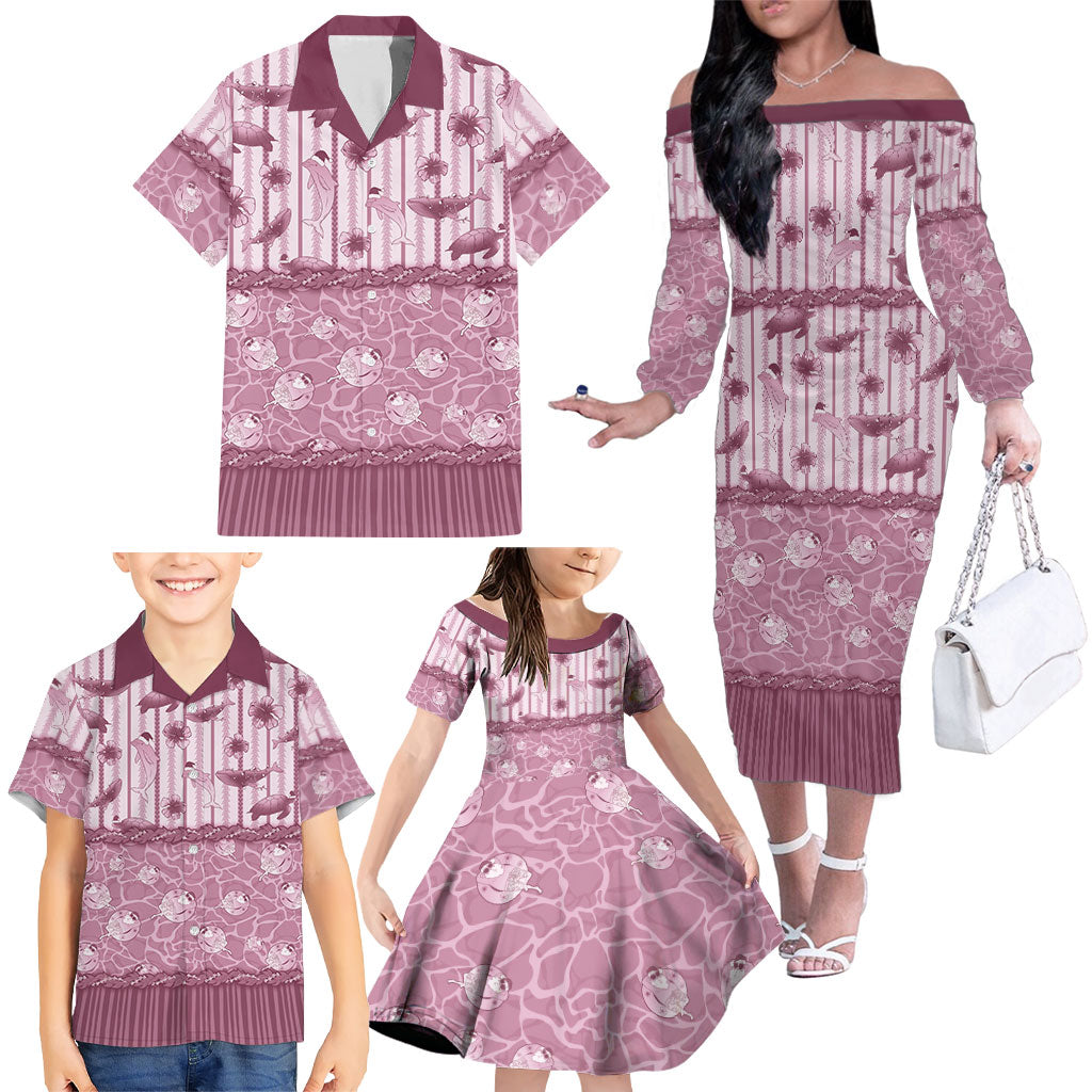 Hawaii Christmas In July Family Matching Off The Shoulder Long Sleeve Dress and Hawaiian Shirt Dusty Pink Mele Kalikimaka Sea Animals
