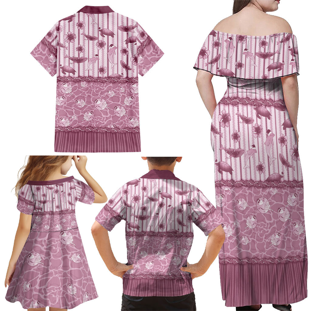 Hawaii Christmas In July Family Matching Off Shoulder Maxi Dress and Hawaiian Shirt Dusty Pink Mele Kalikimaka Sea Animals