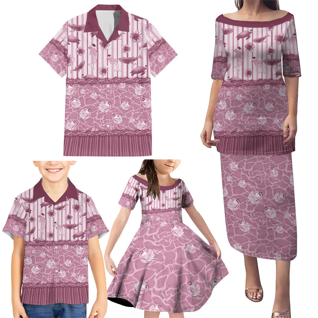 Hawaii Christmas In July Family Matching Puletasi and Hawaiian Shirt Dusty Pink Mele Kalikimaka Sea Animals