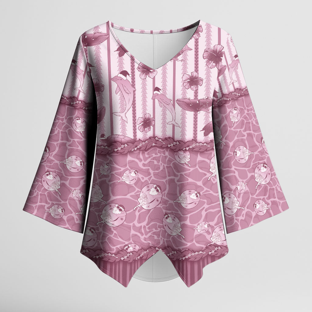 Hawaii Christmas In July Kimono Sleeve Blouse Dusty Pink Mele Kalikimaka Sea Animals