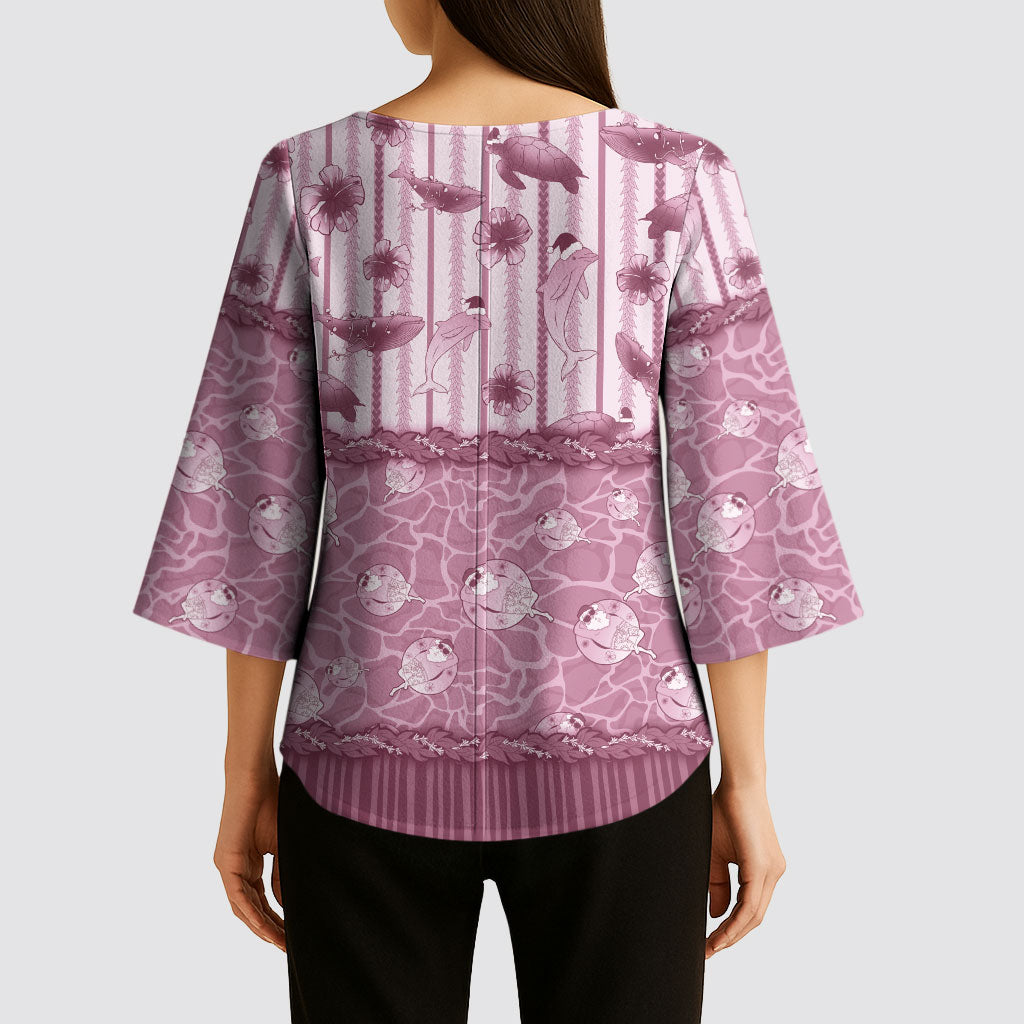 Hawaii Christmas In July Kimono Sleeve Blouse Dusty Pink Mele Kalikimaka Sea Animals