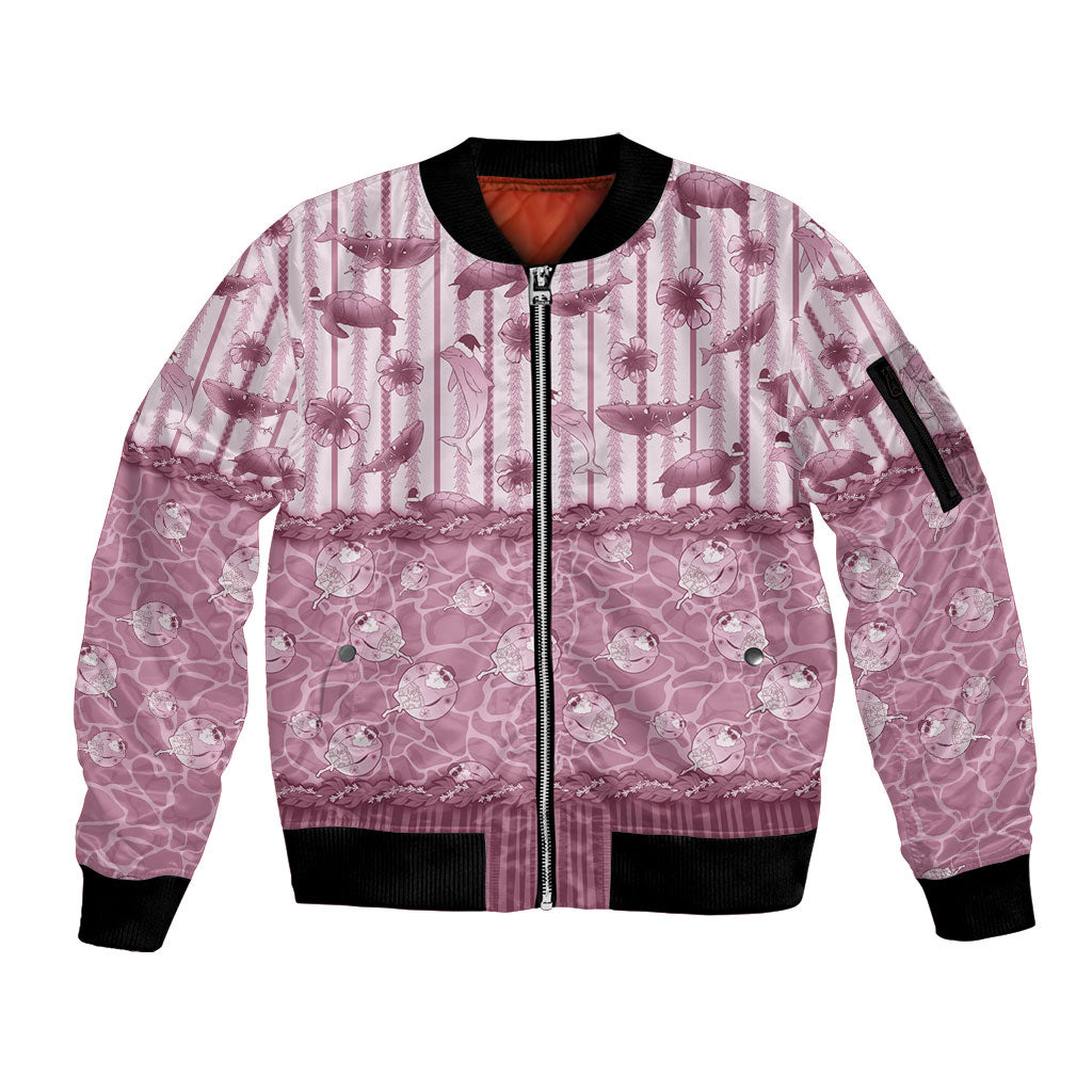 Hawaii Christmas In July Sleeve Zip Bomber Jacket Dusty Pink Mele Kalikimaka Sea Animals